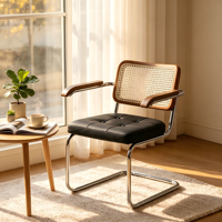 Fauteuil cantilever moderne du milieu du siècle, dossier en rotin naturel, accoudoirs en bois de noyer, coussin en microfibre noire, chrome poli