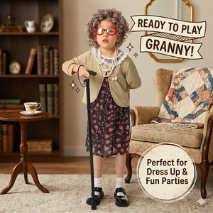 Costume da Nonna per Bambine con Parrucca, Occhiali e Bastone - Outfit per il 100° Giorno di Scuola, Halloween e Cosplay - Product Image 2