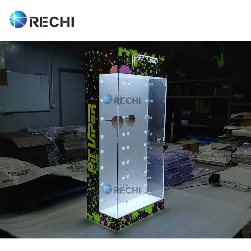 RECHI Acryl Brillen Retail Display Stand Showcase Sonnenbrillen Acryl Case Cabinet mit LED-Leuchten & Lock für Optical Store