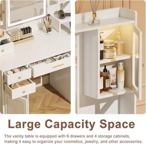 Tocador con espejo y lámpara, toma de corriente, con cajones y armarios, 3 modos de iluminación con brillo ajustable, dormitorio, blanco - Product Image 4