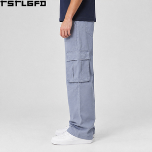 Pantalones Cargo Personalizados para Hombre, Azul Polvoriento, Sarga de Algodón, Pierna Ancha, Holgados, con Bolsillos con Solapa, Ropa de Trabajo, Estilo Urbano Y2K, Venta al por Mayor a Granel - Product Image 2
