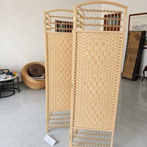 Modern Movable 4 Arched Woven Fiber Room Divider Paper Rope Folding Screen Natural Beige Rattan Frame Braided - Product Image 4