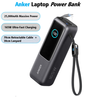 Banque d'alimentation portable pour ordinateur portable 25000 mAh 165 W avec éclairage extérieur, câbles USB-C rétractables doubles intégrés, chargeur rapide à affichage numérique