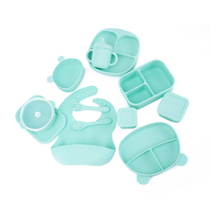 Ensemble de vaisselle en <span class=keywords><strong>silicone</strong></span> pour bébé, personnalisé, 100% de qualité alimentaire, sans BPA, avec plateau de rangement, bavoir, sucette, bol et couverts - Product Image 2
