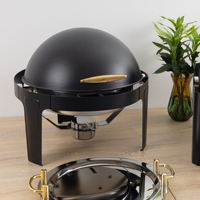 Chauffe-Plat Commercial de Luxe Noir en Acier Inoxydable de 6 Quarts avec Couvercle Enroulable et Poignée Dorée pour Buffets, Traiteur et Mariages