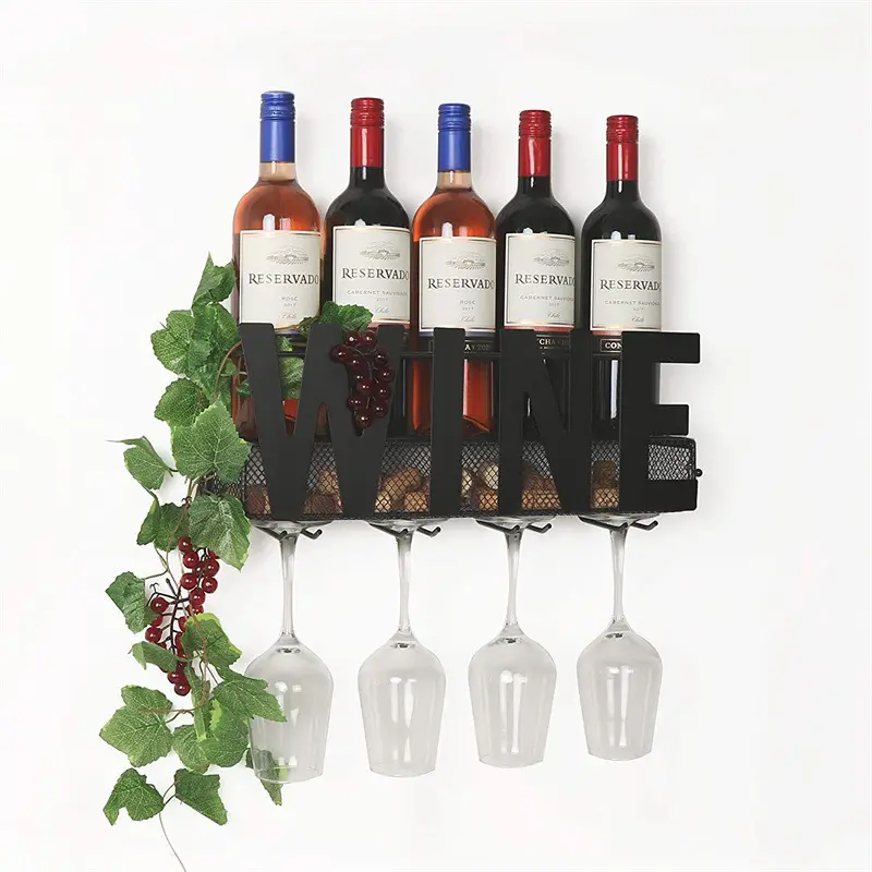 Casier à vin mural en métal Porte-verre à 4 longues tiges et rangement en liège pour le vin