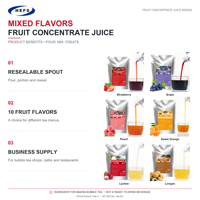 Jus Concentré Purée 10 Saveurs 1kgx12 Sachets Carton Fraise Raisin Pamplemousse Pêche pour Commerces de Boissons