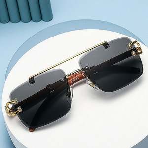 Lunettes de soleil carrées à double pont avec logo personnalisé, motif léopard, monture en bois sans bords pour hommes et femmes - Product Image 2