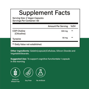 Suplementos de Citicolina de Marca Privada OEM, Cápsulas de <span class=keywords><strong>CDP</strong></span> Colina, Nootrópicos, Citicolina 500mg + Tirosina 50mg para la Salud Cerebral - Product Image 2