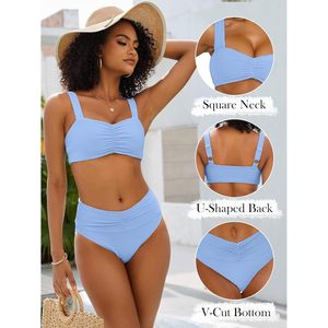 FOXA Women's Bikini Set Ribbed <b>Tummy</b> <b>Control</b> Mid Waist Bandeau Swimwear 2 Piece Beachwear - Product Image 6