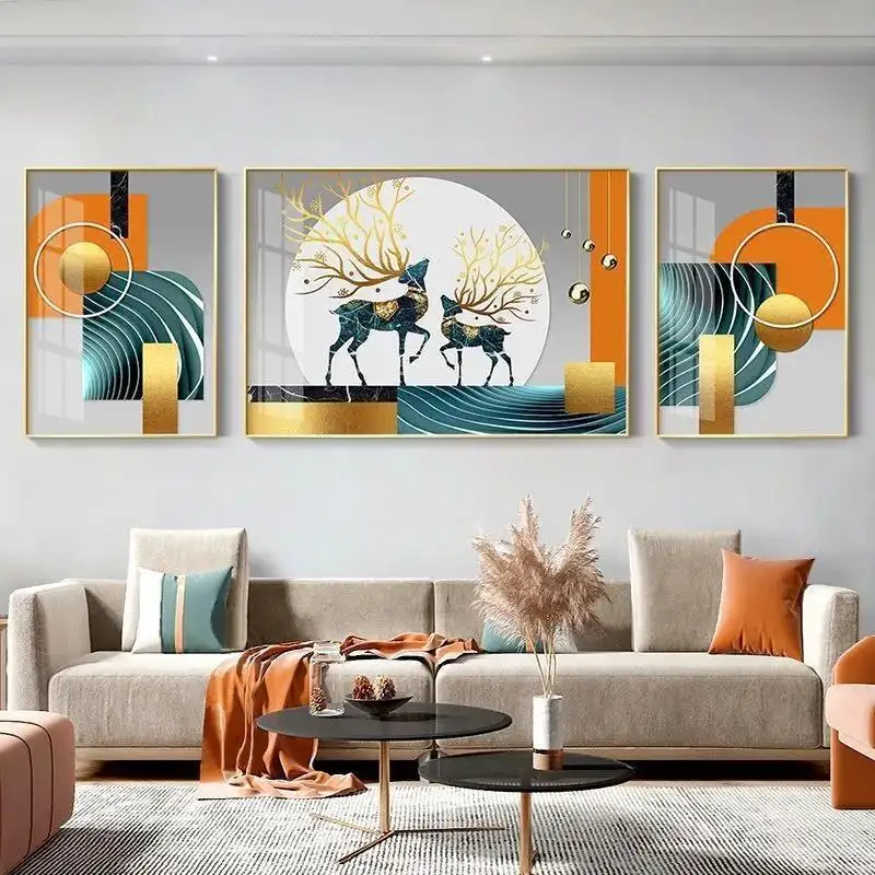 Pintura decorativa de árbol dorado para pared, cuadro de porcelana de cristal con diseño de alce moderno adecuado para sala de estar, pintura de lujo