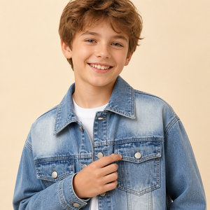Veste en jean délavée vintage surdimensionnée pour enfants, style camionneur, pour garçons et filles de 3 à 16 ans, manteau en jean décontracté pour jeunes, vente en gros - Product Image 3