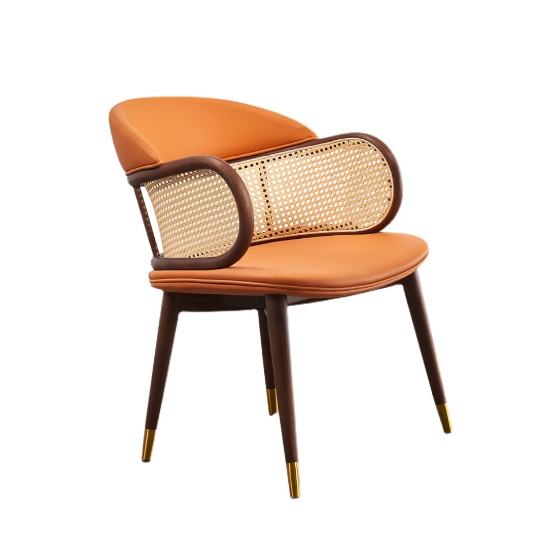 Restaurant hotel furniture fashion design leather rattan splicing chair solid wood frame armrest dining chairs leisure chair