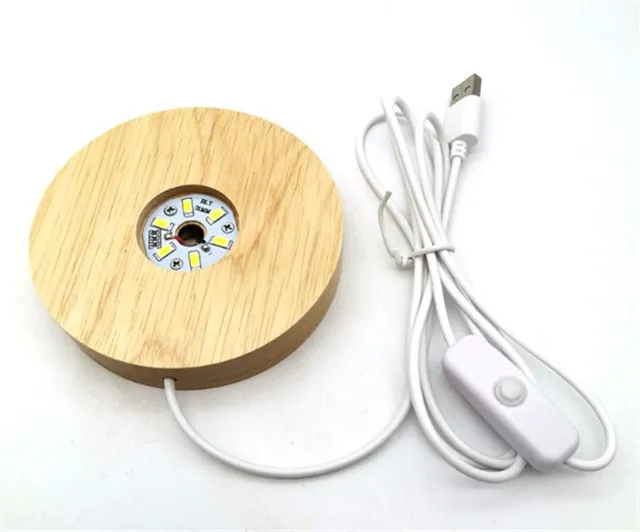 Wholesale Crystal LED light wood base 3d small night light usb cable circular crafts for Home Decoration