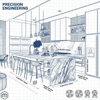 Système d'armoires de cuisine modernes de luxe sur mesure, grand îlot cascade en marbre, armoires modulaires en bois, laque et verre, solution tout-en-un