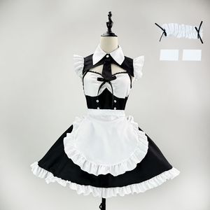 Maid Outfit Black Satin Backless A-Line Turn-down Collar Cosplay Costume Plus Size Game Uniform - Product Image 1