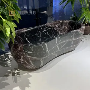 Huaxu Hot Sale Oval Natural Stone Bath Tub White Veins Nero Black Marble Bathtub