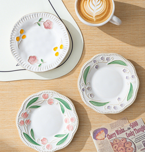 Wholesale Vintage Floral Embossed Ceramic <b>Tea</b> <b>Cup</b> and Saucer <b>Set</b>, Custom Tulip Coffee <b>Cup</b> for Home & Restaurant - Product Image 5