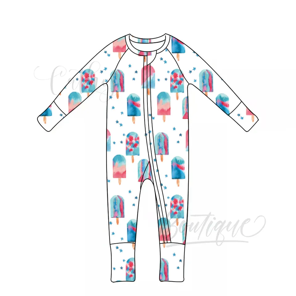 QL2023 Custom 4th of july popsicle print Newborn Baby Clothes Toddler Sleeper Boutique Romper With Zipper bamboo Pajamas