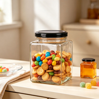 Bocaux en verre à confiture de formes multiples, directement de l'usine, avec couvercle métallique pour bonbons, forme carrée transparente, autocollant logo, bouchon personnalisé avec logo