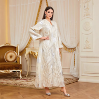 Abaya à motif feuille métallisée brillante avec fermeture éclair avant, manches larges, robe longue arabe de Dubaï pour dîner de fête et réunion de famille