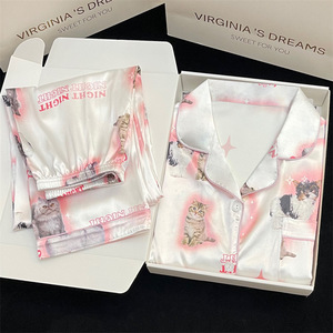 S0172R nuovo <span class=keywords><strong>pigiama</strong></span> sottile estivo <span class=keywords><strong>con</strong></span> <span class=keywords><strong>stampa</strong></span> di gatto carino da donna può essere indossato come capospalla in seta temperamento <span class=keywords><strong>pigiama</strong></span> comodo da donna - Product Image 1