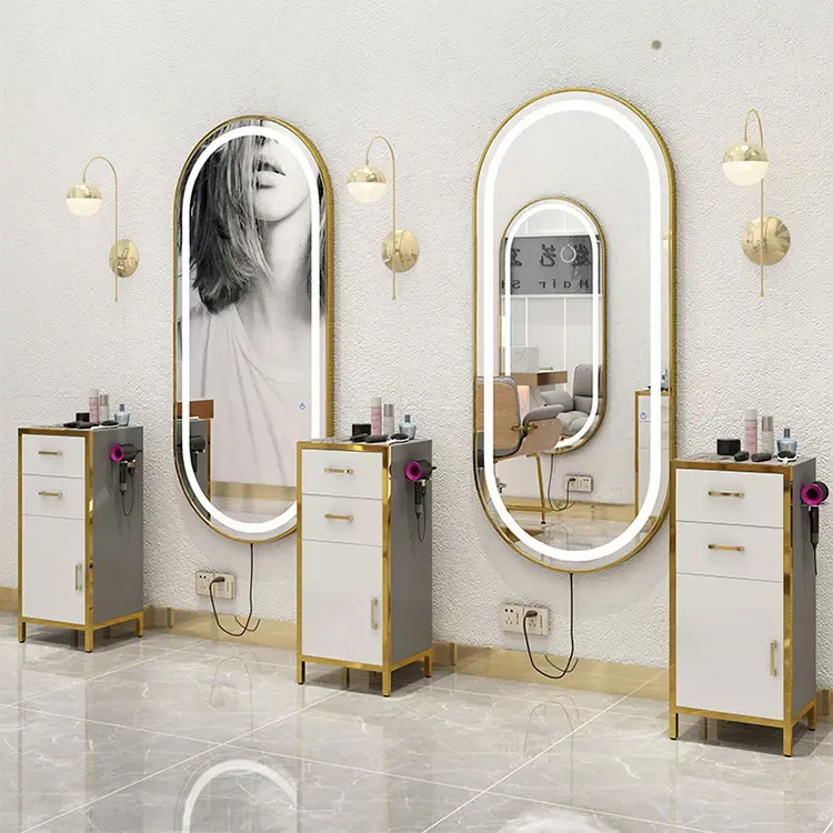 Customized Size Designs Hair Salon Barber Mirror Oval Mirrors Salon Barber Station Led Light Up Mirror