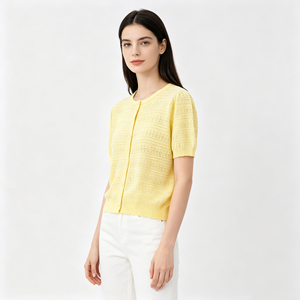 <span class=keywords><strong>Cardigan</strong></span> <span class=keywords><strong>Giallo</strong></span> in Maglia per Uso Quotidiano, Camicetta Lavorata a Maglia da <span class=keywords><strong>Donna</strong></span> con Maniche Corte e Collo Tondo, Abbigliamento in Maglia - Product Image 2