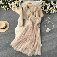 Bettergirl automne et hiver femmes ensembles petit parfum Style dames court Cardigan manteau + licou maille robe deux pièces ensemble