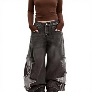 ZY Star Dunkle Jeans für Damen Mädchen Zerrissene Lose Baggy Niedliche Patchwork-Denim Y2k Hochgeschnittene <span class=keywords><strong>Grunge</strong></span>-Ästhetik - Product Image 1