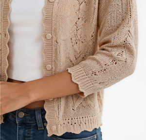Hochwertiger Alabaster-Cardigan mit Muschelkanten-Wellenmuster, V-Ausschnitt, Dreiviertelärmeln und Spitzenverzierung, Weicher Damen-Pullover - Product Image 3