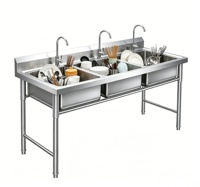 Évier de cuisine professionnel en acier inoxydable sur mesure, triple bac, anti-débordement, soudure intégrée, finition polie, fabrication 300 kg/m