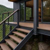 Résidence mobile préfabriquée à deux étages avec escalier extérieur, balcon et portes en verre