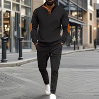 Ensemble 2 pièces pour homme : Sweat-shirt à col montant semi-boutonné avec empiècements gaufrés aux coudes et pantalon à cordon de serrage