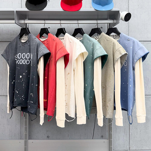 Produzione di T-Shirt Personalizzate a Blocchi di <span class=keywords><strong>Colore</strong></span> in Stile Vintage Oversize con Lavaggio Acido, Streetwear Effetto Vissuto, Manica Lunga, Doppia <span class=keywords><strong>Camicia</strong></span> per Uomo - Product Image 1