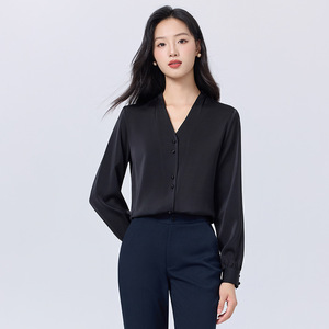 Burgundy V-neck Long Sleeve Blouse Women Solid Color Polyester Work Shirt 2025 Autumn Top Formal Office Wear - Product Image 4