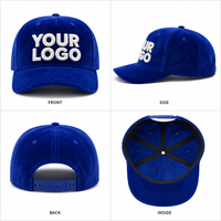Casquette de baseball 5 panneaux en velours bleu roi personnalisée, broderie 3D en relief, structurée, ajustable, style streetwear, vente en gros, OEM, faible MOQ