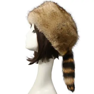 Topi bulu rakun hangat bulu palsu wanita, topi bulu musim dingin kualitas tinggi dengan topi ekor
