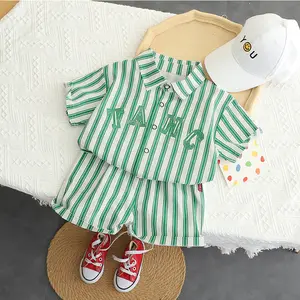 2022 New Baby Little Boy Blue Green Striped Turn-down Collar Shirt + Shorts 2 pcs Short Clothing Set 1-5 Years