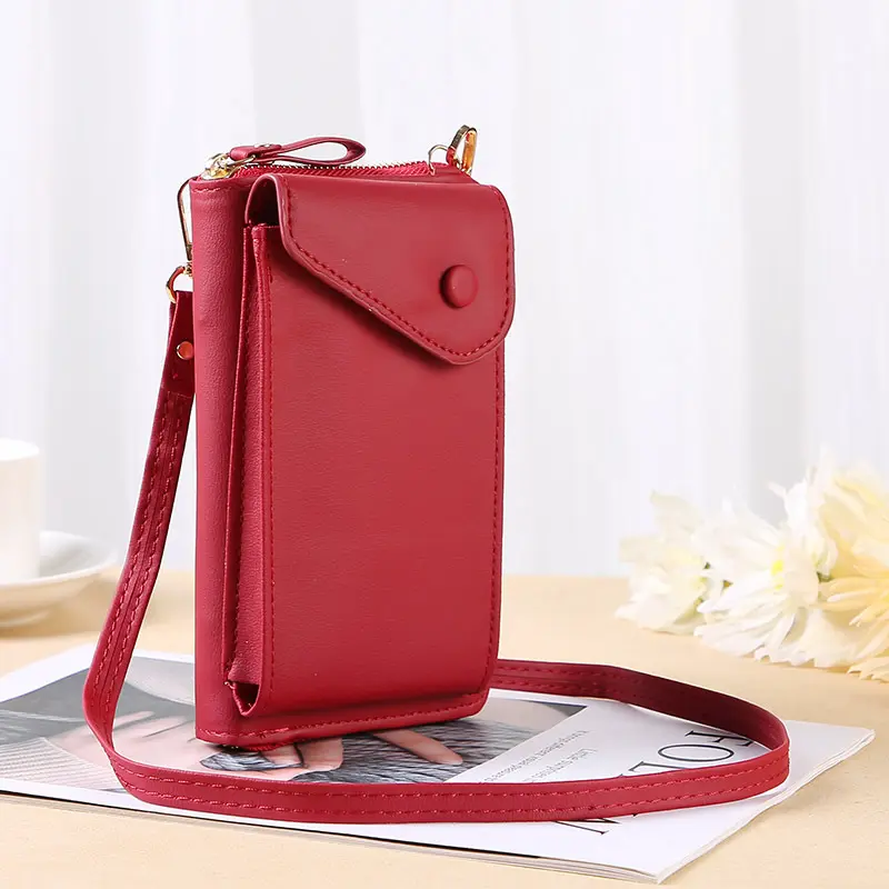 Amazon trends elegance fashion red pu messenger shoulder bag crossbody sling phone rfid neck wallet girls college shoulder bag