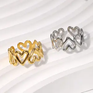 Wholesale Gold Love Heart Set Stainless Steel Rings 18K Gold Plated Creative Fashion Heart Rings Jewelry Women