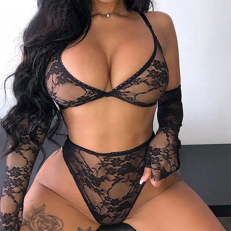 Sutiã de renda preto transparente, sensual, com renda, manga de braço, plus size, lingerie personalizada, três peças de sutiã e calcinha