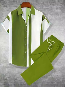 2025 Nieuwe Heren Zomer Casual Gestreepte Set Ademend Korte Mouwen Gebreid Shirt en Lange Broek Geweven 2-delig Outfit - Product Image 5