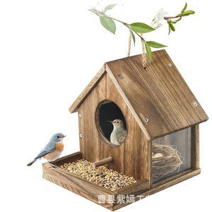 บ้านนกไม้พร้อมที่ให้อาหารแบบแขวนสำหรับนกกลางแจ้ง ตกแต่งแบบธรรมชาติ - Product Image 5