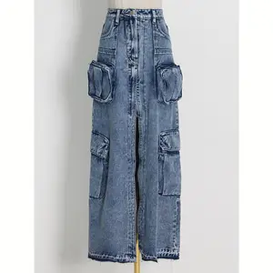 Jupes en jean sexy fendues de couleur unie avec poches personnalisées jupe longue en jean cargo pour femmes jupe longue en jean