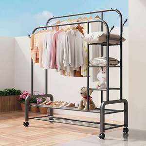 Porte-vêtements multifonctionnel mobile avec <span class=keywords><strong>étagère</strong></span>s latérales de rangement, support en métal épaissi, capacité de <span class=keywords><strong>charge</strong></span> stable - Product Image 2
