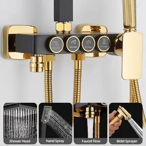 Badduschsystem schwarz Gold Messing-Flügel 4 Tasten Badewannenmischbatterie heiß-kalt Badhahn temperaturregelung-Duschpaneel