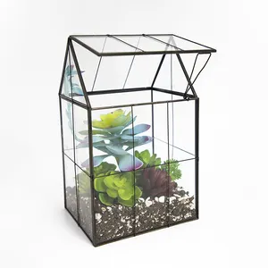 Terrário de vidro geométrico com tampa, enfeite de plantas verdes em forma de casa e escritório, decoração de casa