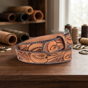 Custom Wholesale Hand Carved Leaf Design Embossed Men's Fashion Western Leather <b>Tooling</b> <b>Belt</b> with Designer Brass Pin Buckle - Product Image 1