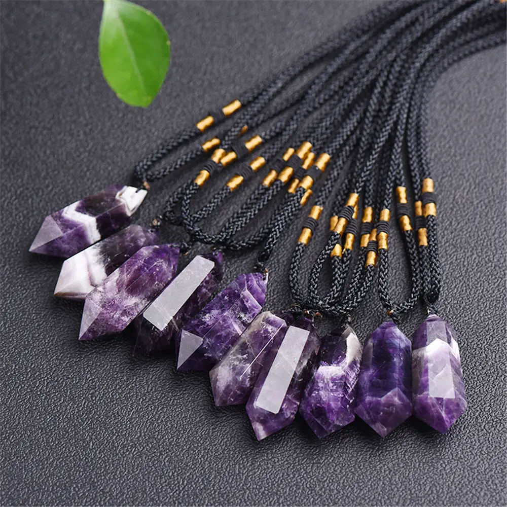 Healing gemstone Crystal hexagonal column feishui energy couple necklace spiritual Irregular Amethyst Necklace men bride jewelry